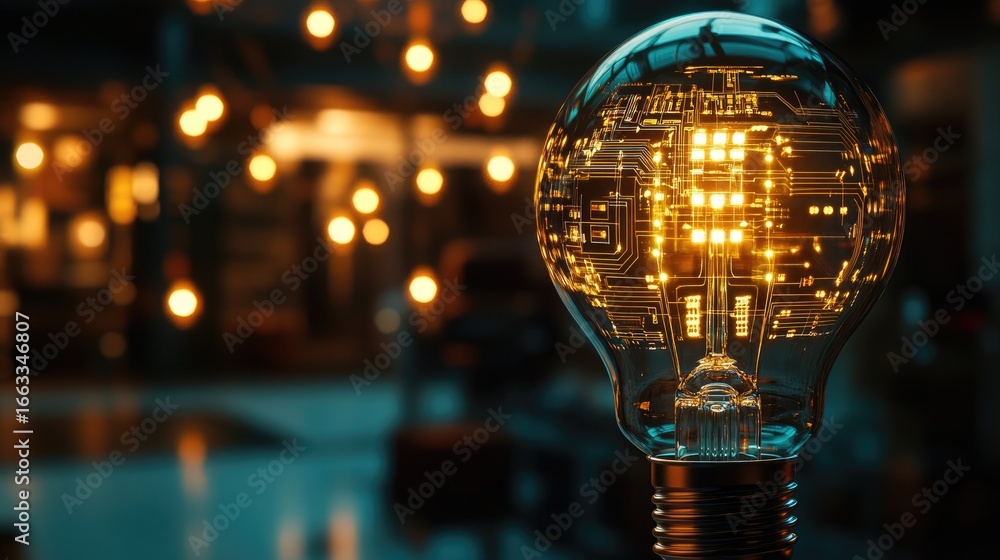 Aufkleber illuminated light bulb with circuit design and warm bokeh background