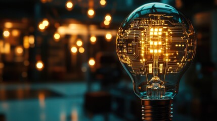 Illuminated Light Bulb with Circuit Design and Warm Bokeh Background