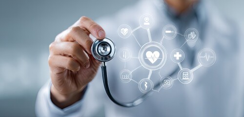Doctor holding stethoscope with digital health interface overlay showing various medical icons