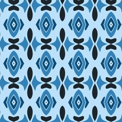 Seamless abstract pattern with blue geometric ethnic ornaments. Symmetrical decorative background inspired by tribal folk art. Vector illustration for textile, fabric, and wallpaper