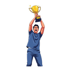 Victory’s Embrace: A victorious man elevates a golden trophy to the sky, embodying triumph in a motivational illustration, showcasing pure jubilation and an optimistic outlook.