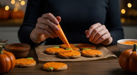 Creative process of decorating homemade pumpkin-shaped cookies with sweet orange icing for a festive autumn or Halloween celebration