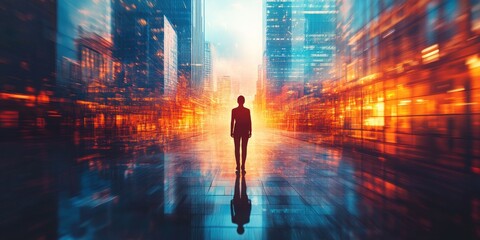 A solitary figure strides down a vibrant, illuminated urban avenue. Blurred city lights create a sense of motion and ambition