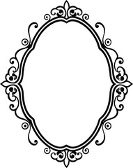 Intricate swirling black scrollwork outlines a classic oval frame against a transparent backdrop
