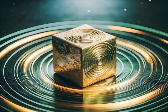 A large circular medallion of brushed bronze its surface etched with swirling patterns like solar winds at its center a single magnificent and naturally formed pyrite cube