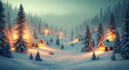Winter landscape with snow-covered cabins nestled among pine trees, illuminated by warm lights in a serene, misty valley.