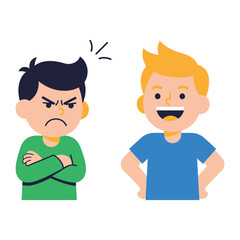 Conflict and Delight: Two young children in a cartoon illustrate the stark contrast between anger and joy. One child embodies frustration and disagreement.