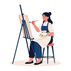 Artistic Vision: An artist is immersed in the creative process, carefully applying paint to canvas, her palette in hand, in this illustration that captures the essence of artistic passion.