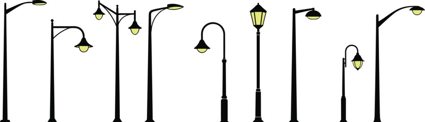 Street lamp vector set, urban lighting designs, CAD drawing, glowing yellow-green lights, public space fixtures, scalable illustration