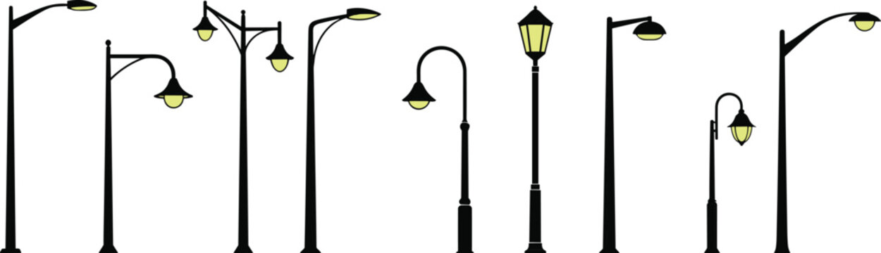 Street lamp vector set, urban lighting designs, CAD drawing, glowing yellow-green lights, public space fixtures, scalable illustration