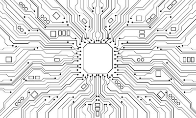 Abstract black circuit board technology connected lines electronics elements computer motherboard chip processor semiconductor digital on white background vector