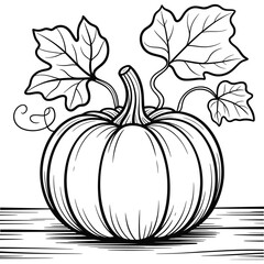 Pumpkin with Leaves on Wooden Surface Black and White Illustration