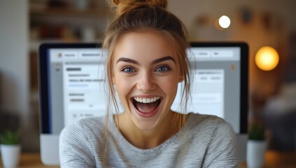 A young woman beams with joy, facing the viewer. Behind her are two computer monitors. She has blonde hair up in a bun