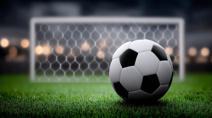 Naklejka premium Soccer ball resting on field with goal net in the background during evening match under stadium lights