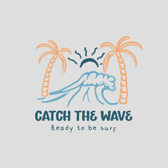 surf badge vintage design with palm, wave, sun, for tshirt branding, beachwear and other uses 