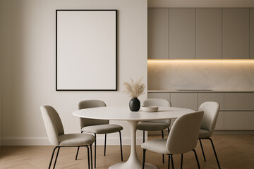 Vertical black frame mockup, modern minimalist dining room, kitchen interior background, home decor concept, sophisticated living space