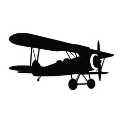 Silhouette of a vintage biplane airplane on a white background