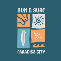 surf badge vintage design with palm, wave, sun, for tshirt branding, beachwear and other uses 