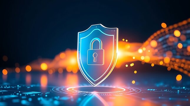 Cybersecurity Concept with Digital Shield and Glowing Padlock Protecting Data Streams