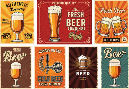 Vintage Beer Posters Collection Retro Brewery Advertising Art Fresh Cold Beverage Wall Decor Set