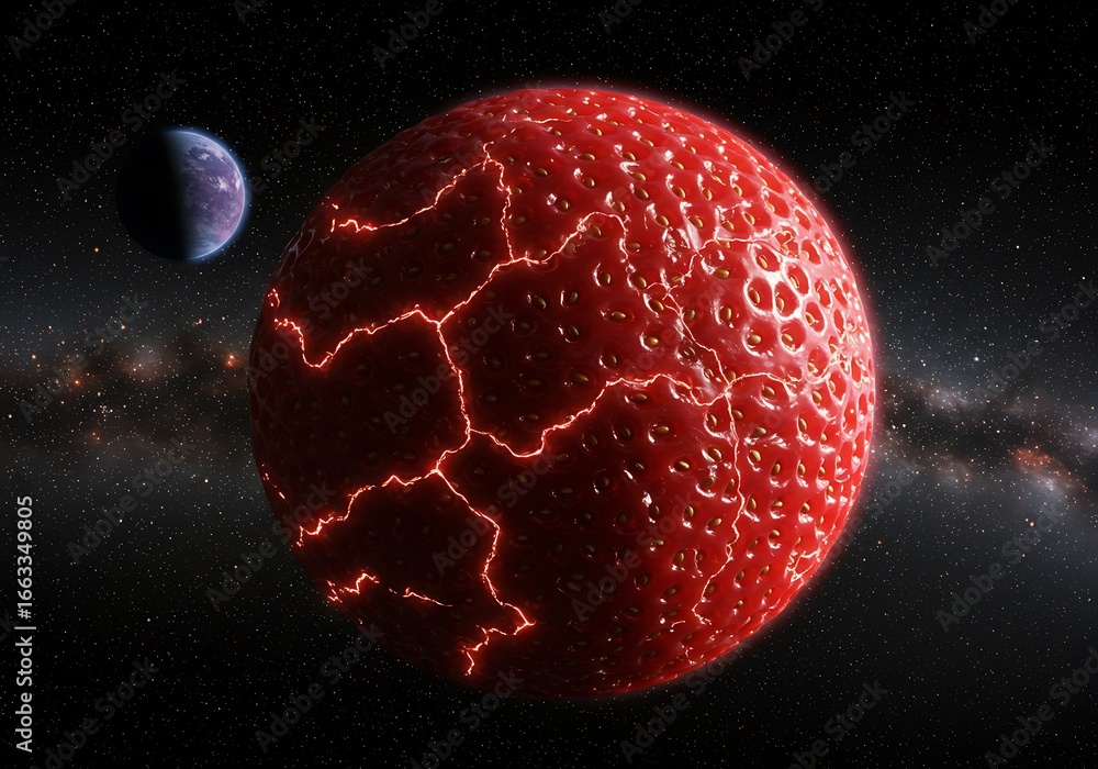 Poster a red planet with glowing cracks and a moon in a cosmic space background