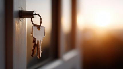 set of keys hanging on hook near door illuminated by sunlight casts reflections in glass