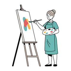 Artist at Work: A focused artist at work on a canvas, with brush in hand and color palette, in a minimalist art studio. Capturing the creative process