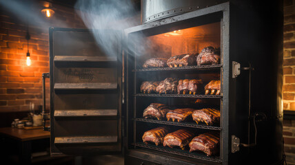 Smoked Ribs in Open Smoker with Rising Smoke &ndash; Rustic BBQ Scene Against Brick Wall Background