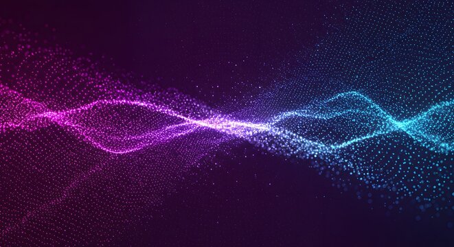 Dynamic flowing particle data wave simulation in electric blue and purple on a dark background, representing sound or energy concepts, ideal for futuristic technology visuals