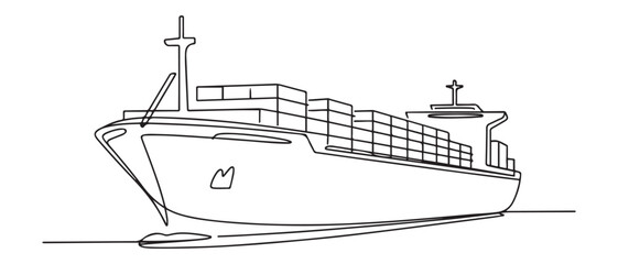 One continuous line drawing of a cargo ship is preparing to unload its cargo at the port vector illustration. Sea transportation design concept. Vector black silhouette. with white background © firoz