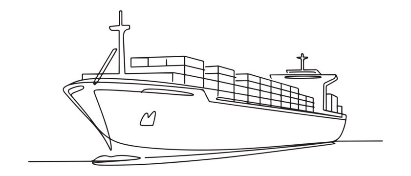 Fototapeta One continuous line drawing of a cargo ship is preparing to unload its cargo at the port vector illustration. Sea transportation design concept. Vector black silhouette. with white background
