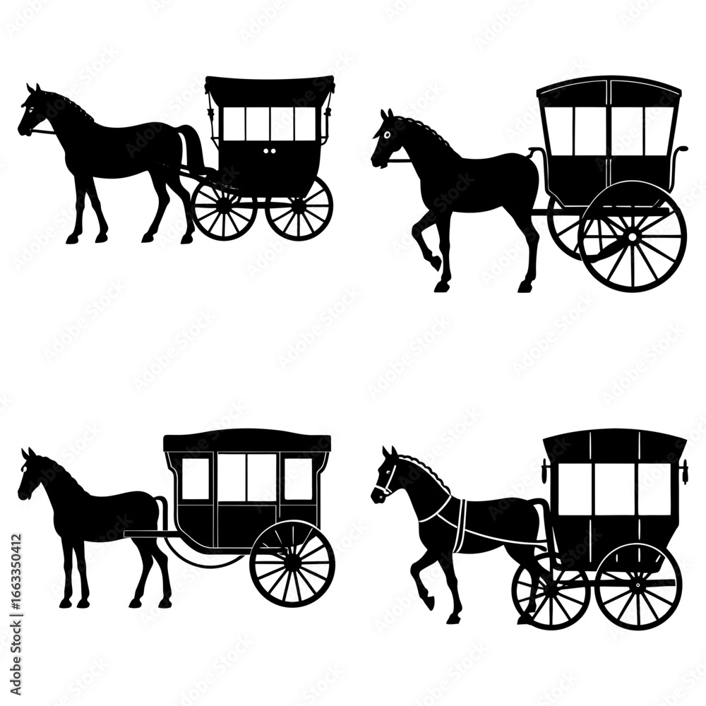 Poster four horse drawn carriages in silhouette against a white background in a repeating pattern style ima