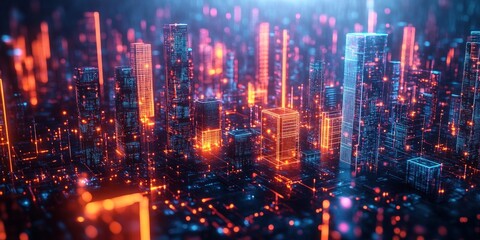 Obraz premium A futuristic city bathed in neon light, with tall buildings and data streams. The image emphasizes digital connections