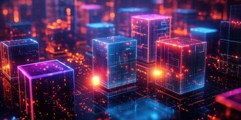 Abstract, futuristic scene featuring glowing cubes connected by a network of lines and points, with vibrant neon colors