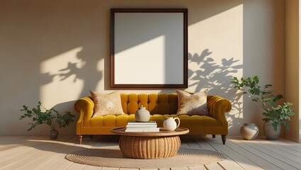 Modern Living Room: Yellow Velvet Sofa,  Warm Sunlight,  Bohemian Decor, Mockup Frame.