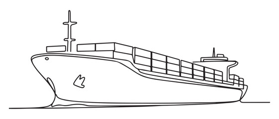 One continuous line drawing of a cargo ship is preparing to unload its cargo at the port vector illustration. Sea transportation design concept. Vector black silhouette. with white background