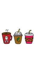 A colorful cartoon illustration of three different coffee cups in unique designs. The first is a red mug with a skull icon, the second is a takeaway cup with whipped cream and green leaves, and the th