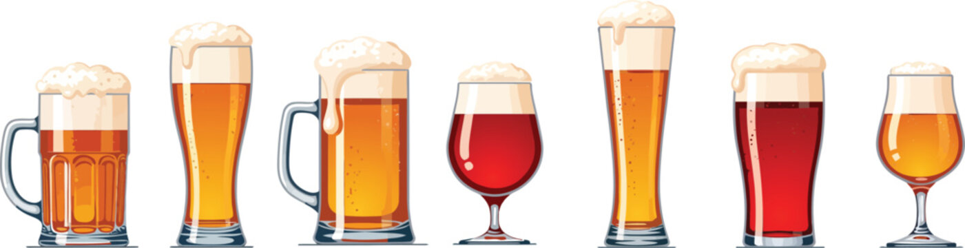 Assorted Beer Glasses and Mugs Collection Featuring Various Styles and Amber Hues