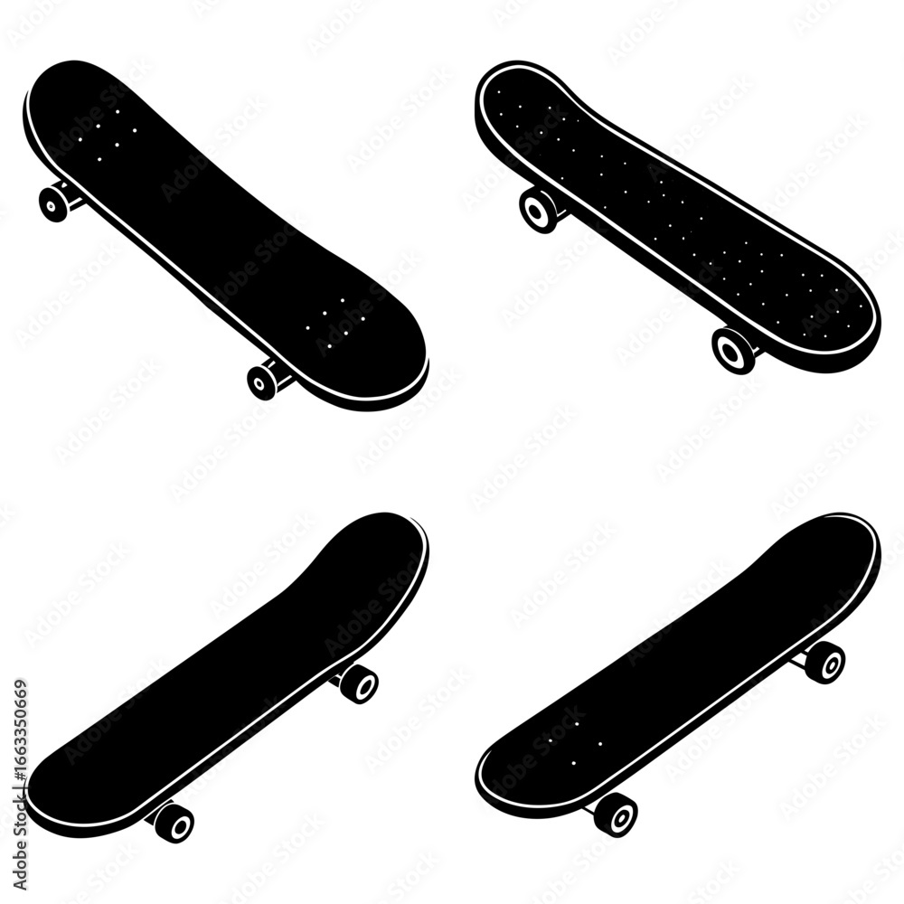 Poster isometric view of four black skateboards with wheels on a white background in simple vector style