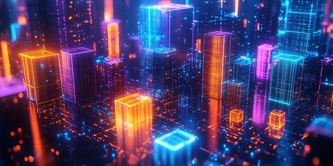 Obraz premium A glowing digital cityscape featuring stylized buildings with vibrant orange, blue, and purple illumination. The scene depicts a futuristic or virtual world