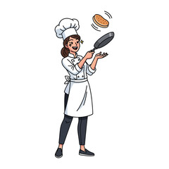 Culinary Flourish: A chef artfully tosses a pancake in a dynamic and playful display of skill, embodying the art of food preparation with a dash of flair and joy.