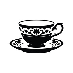 Elegant Black and White Teacup and Saucer with Floral Design