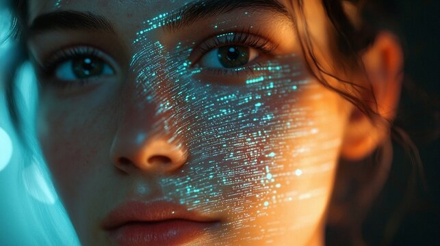 Close-up portrait of a young woman with glowing digital light patterns on face, futuristic cyber beauty concept, artificial intelligence and modern technology visualization background