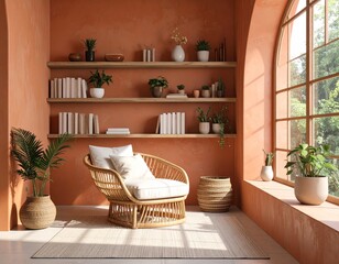 A cozy study nook with terracotta walls, wooden desk by the window, sunlight streaming in, shelves with books and potted plants, rattan chair with soft linen cushions, warm earthy tones, photorealisti