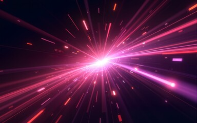 Naklejka premium Fast light motion speed effect. Vector realistic illustration of abstract neon pink, purple rays, circular centric motion on black background, space travel route perspective, explosion energy warp
