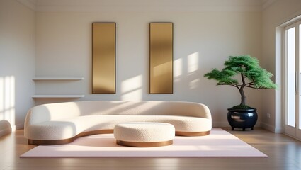 Modern Minimalist Living Room: Beige Curved Sofa, Pink Rug, Bonsai Tree, Gold Accents, Sunlit Interior.