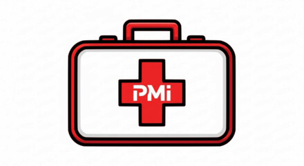Obraz premium A red and white first aid kit with a cross symbol and the letters PMI.