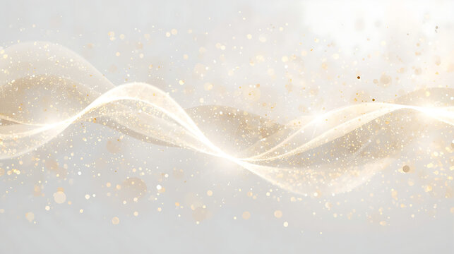 Golden, glowing particles scatter across a white background, connected by faint light trails, form a soft wave-like pattern with sparkling points of light.