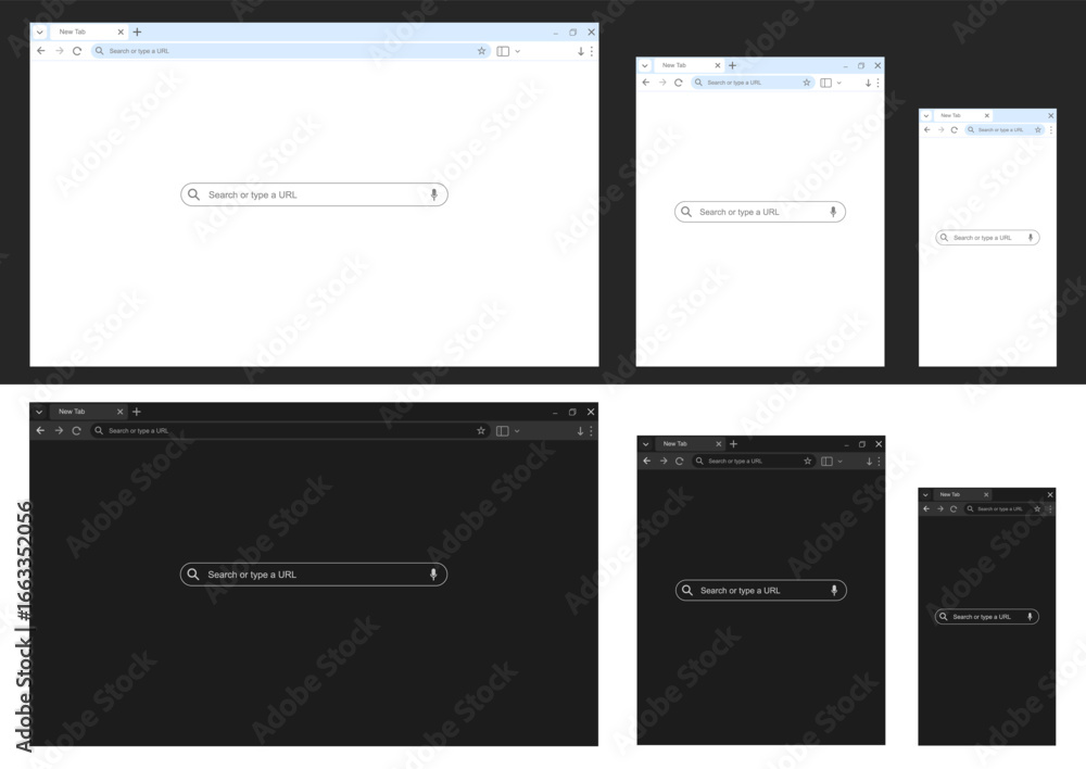 Poster browser web window template with search bar frames and buttons, website mockup for pc laptop tablet 