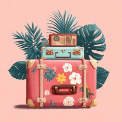 Vintage suitcases with tropical leaves